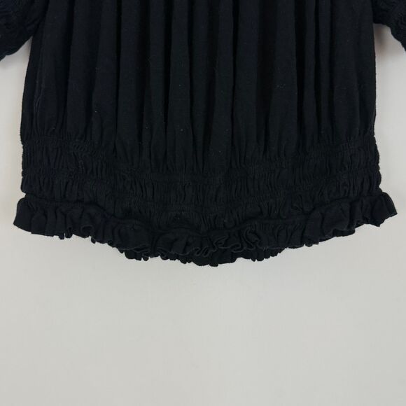FREE PEOPLE Puff Sleeve Off Shoulder S Black Smocked Stretch Knit Blouse EUC B65 - Picture 4 of 5